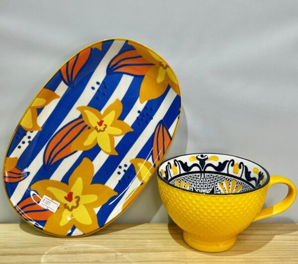 Ceramic cup & plate set - Yellow & Blue