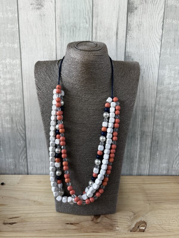 Peach, White Blue Multi String Wooden Beads