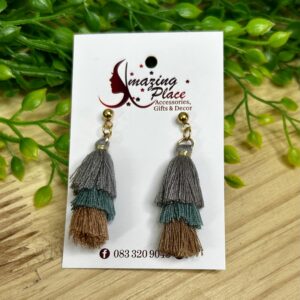 Grey, Teal, Brown Tassel Earrings