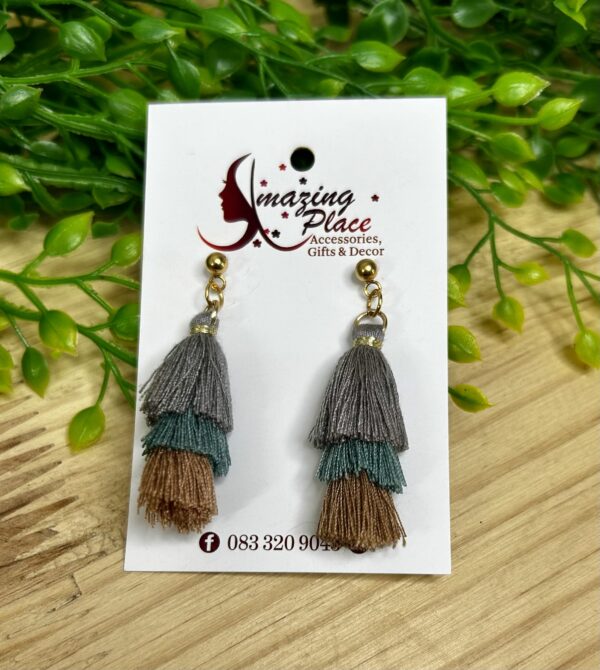 Grey, Teal, Brown Tassel Earrings