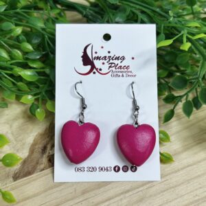 Bright Pink Wooden Heart Earrings
