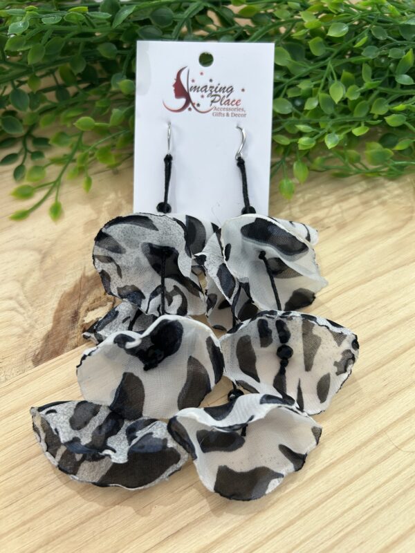 Long Black And White Silky Petal Earrings