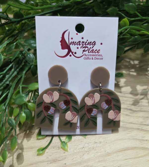 Brown Acrylic U Shaped Floral Earrings