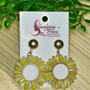Yellow And White Round Beaded Earrings