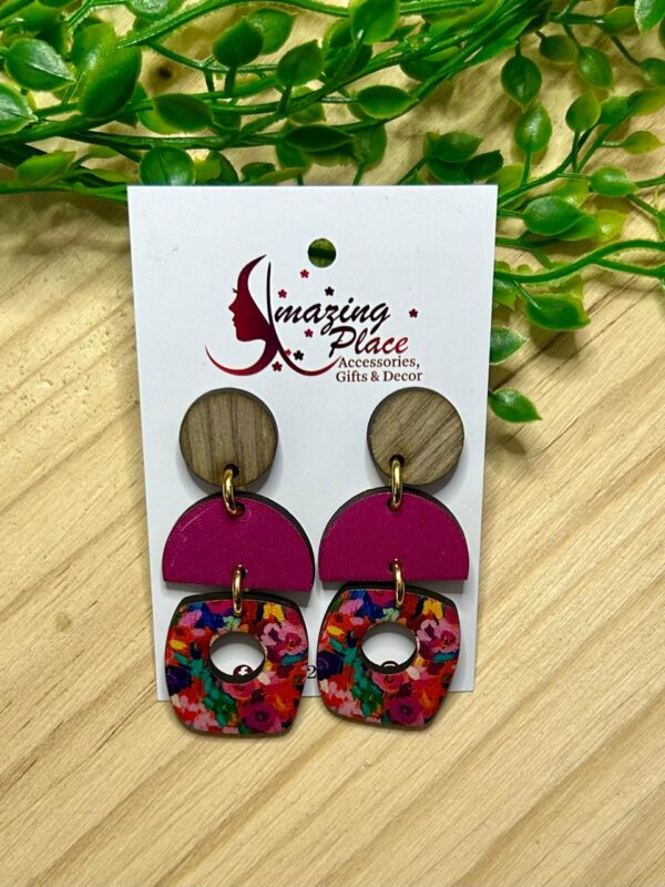 3 Tier square dark pink earrings