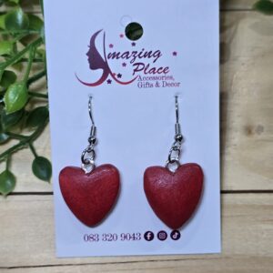 Red Wooden Heart Earrings