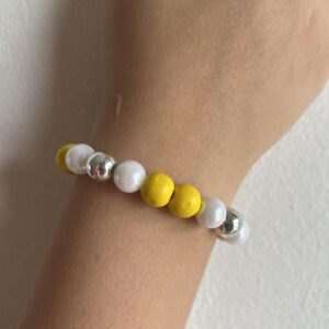Yellow, White And Silver Beaded Bracelet
