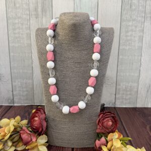 Pink And White Wooden Beaded Necklace