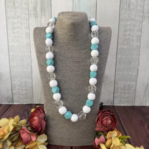 Teal And White Beaded Necklace