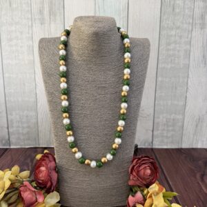 Green, White And Gold Wooden Beaded Necklace