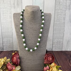 Green And White Wooden Beaded Necklace