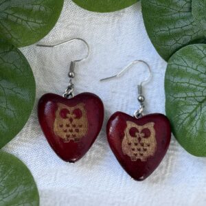 Deep Red Heart Owl Earrings