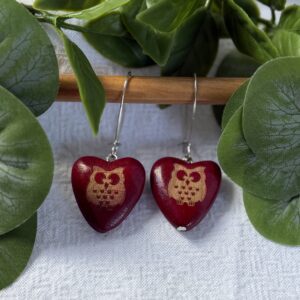 Deep Red Owl Heart Earrings
