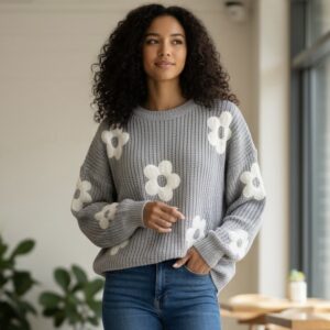 Grey Knitwear With Flowers