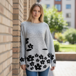 Grey Sweater With Flowers