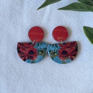 Red Floral Half Circle Earrings